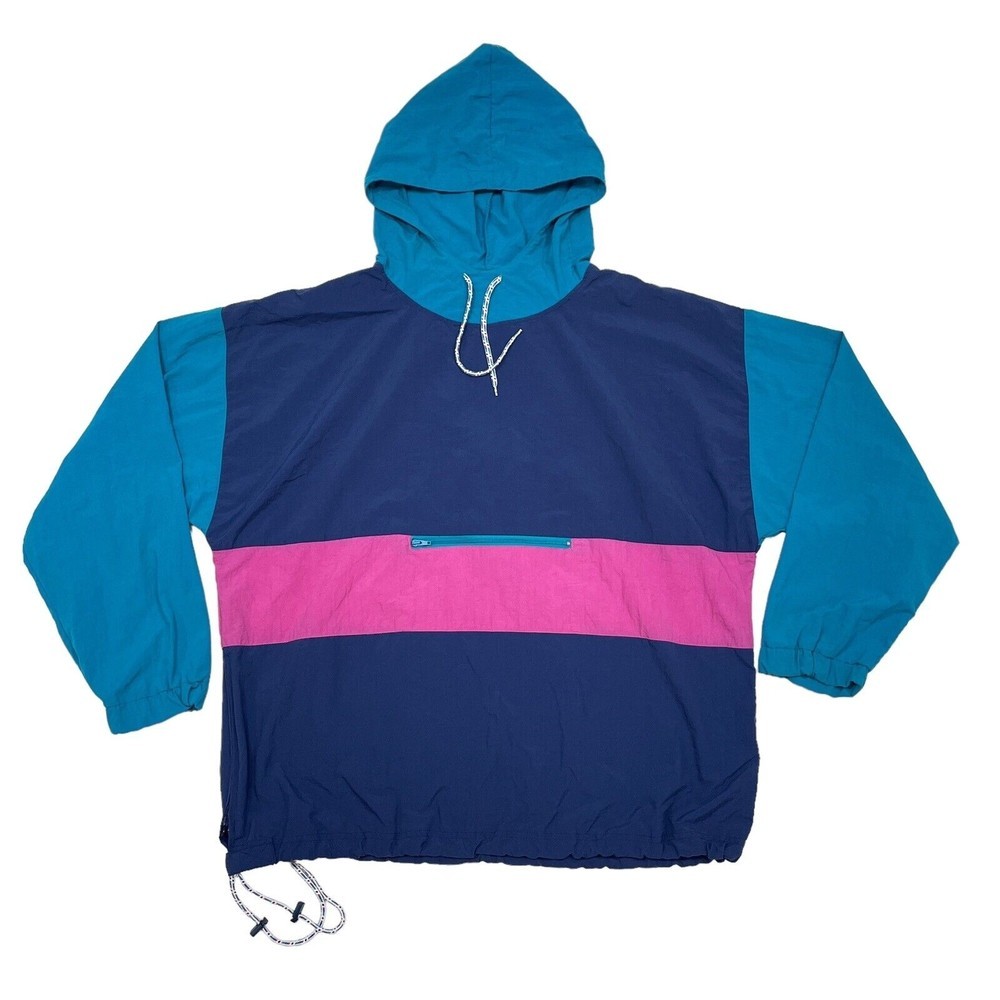 Eddie Bauer Jacket Men's Size Large Windbreaker Retro 90s Y2K Blue Pink Hooded